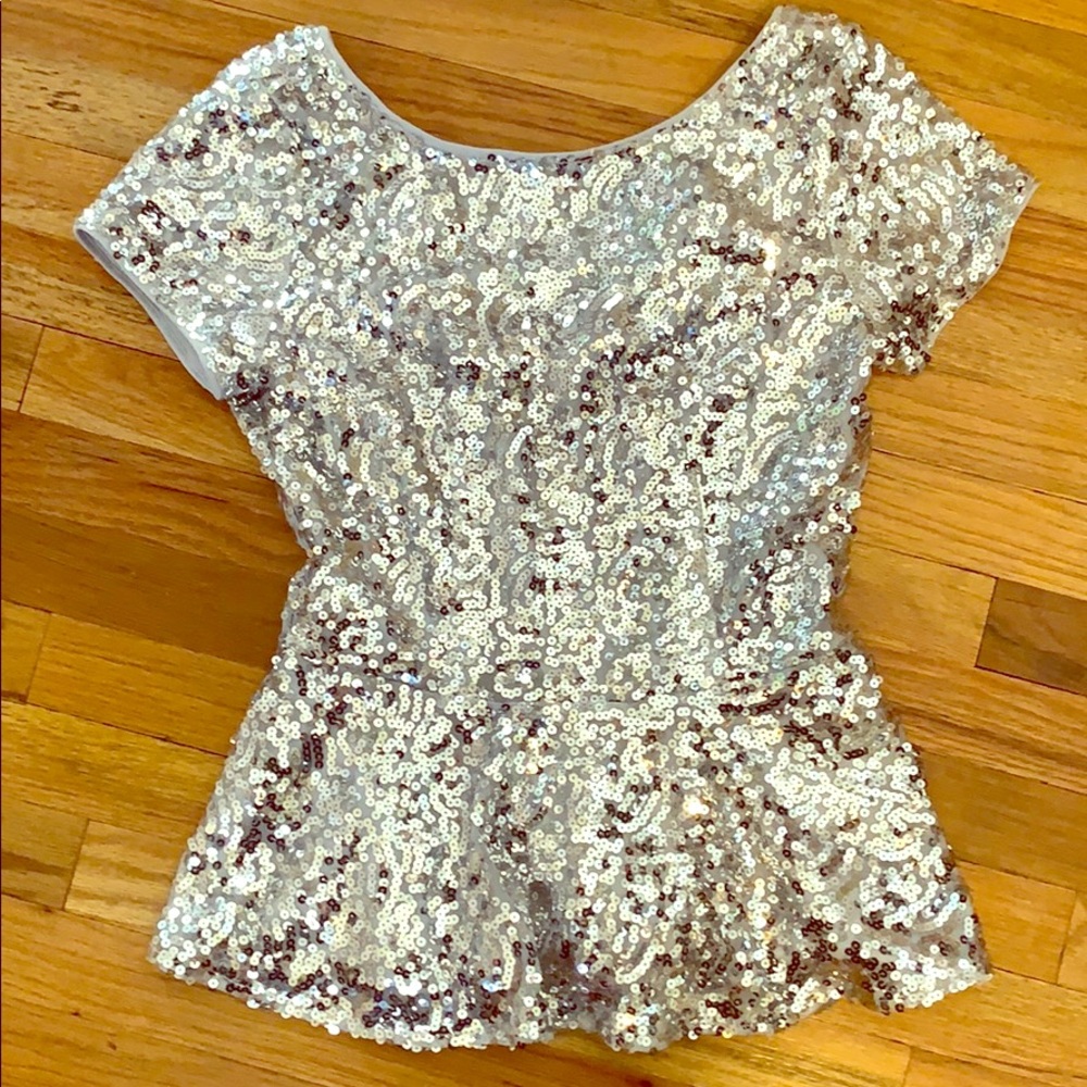 Casual Couture Silver Sequin Peplum Top, Size SM